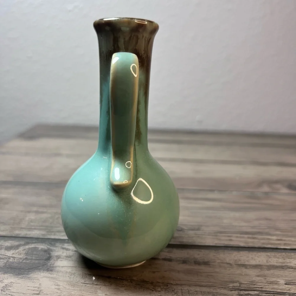 Vintage Green & Brown Drip Glaze Ceramic Vase TWO Handles 4.5” Tall Mid Century
